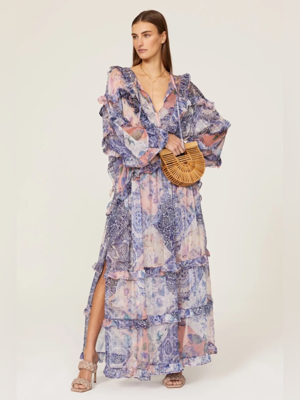 MISA L.A. / Persephone V-Neck Ruffle Tiered Floral Maxi Dress - Sz M -